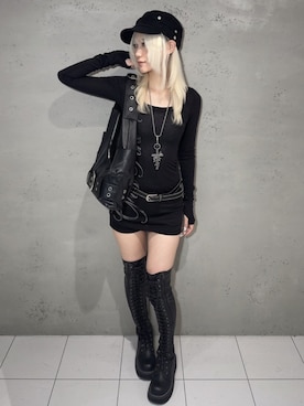 「Never mind the XU（ネバーマインドザエックスユー）の【Never mind the XU】double belt strap cap / 【ネバーマインド ザ エックスユー】ダブルベルトストラップワークキャップ（キャップ、ブラック系）」を使った、Never mind the XU / Chikashitsu+さん（レディース・150cm）の夏コーディネート