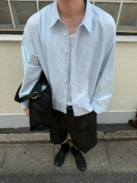 「Chikashitsu +（チカシツプラス）の【Chikashitsu +】stripe bermuda pants / 【チカシツプラス】ストライプスラックスバミューダパンツ（スラックス、ブラック系）」を使った、Never mind the XU / Chikashitsu+さん（レディース・150cm）の夏コーディネート