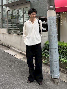 「アイテム（ニット/セーター）」を使った、Never mind the XU / Chikashitsu+さん（メンズ・178cm）の秋コーディネート