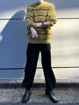「Chikashitsu +（チカシツプラス）のアイテム（ニット/セーター）」を使った、Never mind the XU / Chikashitsu+さん（メンズ・170cm）の秋コーディネート