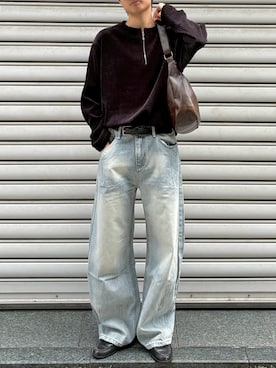 「Chikashitsu +（チカシツプラス）の【Chikashitsu +】velour zip henley long sleeve / 【チカシツプラス】ベロアジップヘンリーネック長袖Ｔシャツ<着用動画あり>（Tシャツ/カットソー、ブラック系）」を使った、Never mind the XU / Chikashitsu+さん（メンズ・170cm）の夏コーディネート