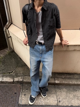 「Chikashitsu +（チカシツプラス）の【Chikashitsu +】signature flare denim pants / 【チカシツプラス】シグネチャーフレアデニムパンツ（デニムパンツ、ブラック系）」を使った、Never mind the XU / Chikashitsu+さん（レディース・150cm）の秋コーディネート