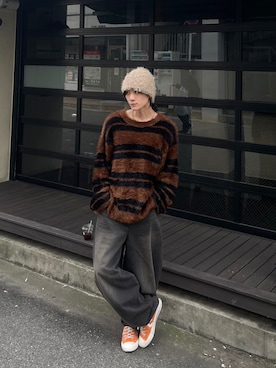 「Chikashitsu +（チカシツプラス）のアイテム（ニット/セーター）」を使った、Never mind the XU / Chikashitsu+さん（メンズ・174cm）の秋コーディネート