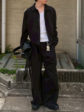 「Chikashitsu +（チカシツプラス）の【Chikashitsu +】cropped button jacket / 【チカシツプラス】クロップボタンジャケット（テーラードジャケット、ブラック系）」を使った、Never mind the XU / Chikashitsu+さん（レディース・157cm）の春コーディネート