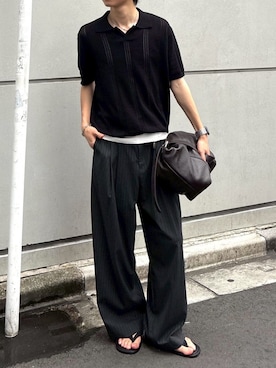 「Chikashitsu +（チカシツプラス）の【Chikashitsu +】punching summer knit polo (4color) / 【チカシツプラス】パンチングサマーニット半袖ポロシャツ＜着用動画あり＞（ポロシャツ、ブラック系）」を使った、Never mind the XU / Chikashitsu+さん（メンズ・171cm）の夏コーディネート