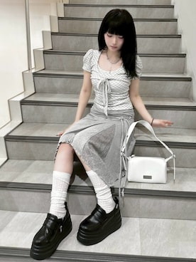 「Never mind the XU / Chikashitsu+（ネバーマインド ザ エックスユー / チカシツプラス）の【nmtc+】French Ribbon Check Top (2color) / 【エヌエムティーシープラス】フレンチリボンチェック半袖クロップドトップス（Tシャツ/カットソー、ホワイト系）」を使った、Never mind the XU / Chikashitsu+さん（メンズ・171cm）の夏コーディネート