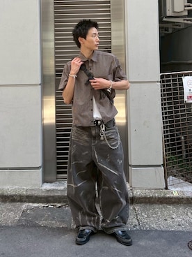 「Chikashitsu +（チカシツプラス）のアイテム（デニムパンツ）」を使った、Never mind the XU / Chikashitsu+さん（メンズ・178cm）の夏コーディネート
