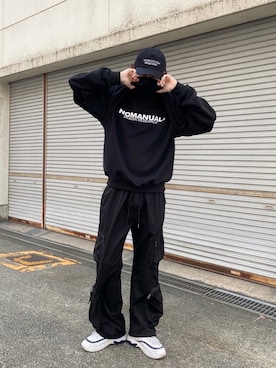 「NOMANUAL（NOMANUAL）のアイテム（帽子）」を使った、Never mind the XU / Chikashitsu+さん（メンズ・179cm）の秋コーディネート