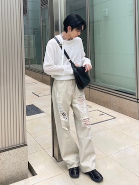 「Chikashitsu +（チカシツプラス）のアイテム（ニット/セーター）」を使った、Never mind the XU / Chikashitsu+さん（メンズ・180cm）の春コーディネート