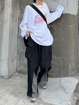 「Chikashitsu +（チカシツプラス）のアイテム（カーゴパンツ）」を使った、Never mind the XU / Chikashitsu+さん（メンズ・170cm）の秋コーディネート