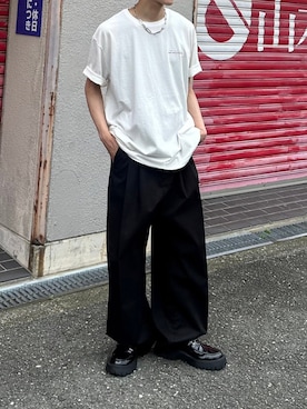 「Chikashitsu +（チカシツプラス）のアイテム（Tシャツ/カットソー）」を使った、Never mind the XU / Chikashitsu+さん（メンズ・171cm）の夏コーディネート