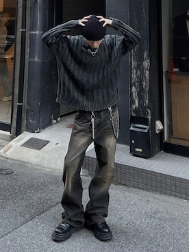 「Chikashitsu +（チカシツプラス）のアイテム（パンツ）」を使った、Never mind the XU / Chikashitsu+さん（メンズ・177cm）の冬コーディネート