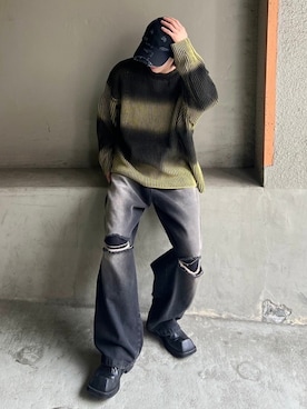 「Chikashitsu +（チカシツプラス）のアイテム（ニット/セーター）」を使った、Never mind the XU / Chikashitsu+さん（メンズ・174cm）の春コーディネート