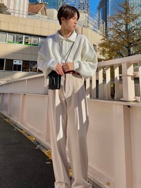 「Chikashitsu +（チカシツプラス）のアイテム（スラックス）」を使った、Never mind the XU / Chikashitsu+さん（メンズ・173cm）の冬コーディネート