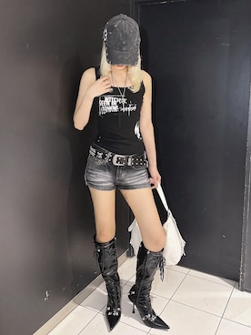 「Never mind the XU / Chikashitsu+（ネバーマインド ザ エックスユー / チカシツプラス）の【Nerd out XU】jujika  / 【ナードアウトエックスユー】クロスチェーンネックレスシルバーネックレス（ネックレス、ブラック系）」を使った、Never mind the XU / Chikashitsu+さん（メンズ・171cm）の夏コーディネート