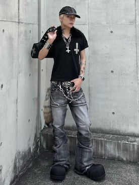 「Never mind the XU（ネバーマインドザエックスユー）の【Never mind the XU】2way chain cross necklace / 【ネバーマインド ザ エックスユー】チェーンクロスネックレス（ネックレス、シルバー系）」を使った、Never mind the XU / Chikashitsu+さん（メンズ・171cm）の夏コーディネート