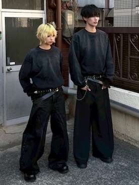 「Chikashitsu +（チカシツプラス）の【CHIKASHITSU PLUS HIGH】Fade panel sweat shirt / 【チカシツプラスハイ】フェードパネルスウェットシャツ（スウェット、ブラック系）」を使った、Never mind the XU / Chikashitsu+さん（レディース・157cm）の春コーディネート