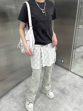 「Never mind the XU / Chikashitsu+（ネバーマインド ザ エックスユー / チカシツプラス）のアイテム（ネックレス）」を使った、Never mind the XU / Chikashitsu+さん（レディース・165cm）の夏コーディネート