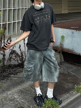 「Chikashitsu +（チカシツプラス）のアイテム（Tシャツ/カットソー）」を使った、Never mind the XU / Chikashitsu+さん（メンズ・182cm）の夏コーディネート