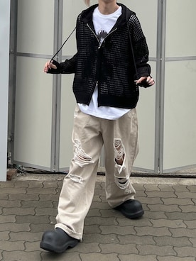 「Chikashitsu +（チカシツプラス）のアイテム（シューズ）」を使った、Never mind the XU / Chikashitsu+さん（メンズ・178cm）の春コーディネート