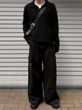 「Chikashitsu +（チカシツプラス）の【Chikashitsu +】wool touch knit polo / 【チカシツプラス】ウールタッチ長袖ニットポロシャツ＜着用動画あり＞（ニット/セーター、ブラック系）」を使った、Never mind the XU / Chikashitsu+さん（メンズ・167cm）の春コーディネート