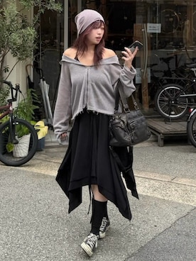 「Chikashitsu +（チカシツプラス）の【Chikashitsu +】clay net zip-up jacket / 【チカシツプラス】クレイネットシアージップアップジャケット（カーディガン/ボレロ、グレー系）」を使った、Never mind the XU / Chikashitsu+さん（レディース・150cm）の秋コーディネート