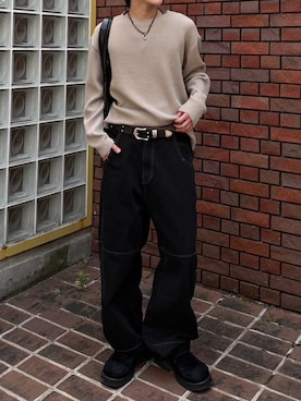 「Chikashitsu +（チカシツプラス）の【Chikashitsu +】eyelet pocket balloon pants / 【チカシツプラス】アイレットポケットバルーンパンツ（デニムパンツ、ブラック系）」を使った、Never mind the XU / Chikashitsu+さん（メンズ・170cm）の夏コーディネート