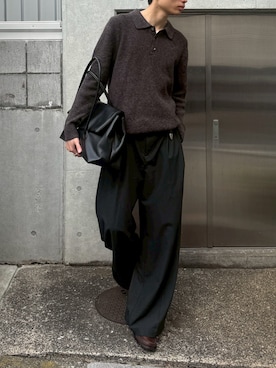 「Chikashitsu +（チカシツプラス）の【Chikashitsu +】wool touch knit polo / 【チカシツプラス】ウールタッチ長袖ニットポロシャツ＜着用動画あり＞（ニット/セーター、ブラウン系）」を使った、Never mind the XU / Chikashitsu+さん（メンズ・167cm）の春コーディネート