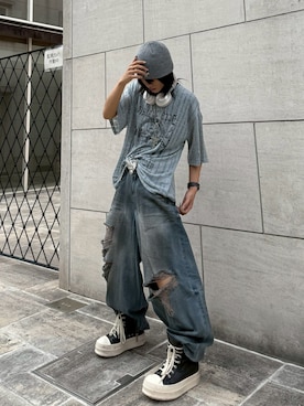 「SURGERY（サージェリー）の【SURGERY】surgery clover logo short beanie / 【サージェリー】クローバーロゴショートビーニー（ニットキャップ/ビーニー、グレー系）」を使った、Never mind the XU / Chikashitsu+さん（レディース・157cm）の春コーディネート