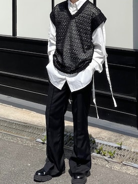 「Chikashitsu +（チカシツプラス）のアイテム（スラックス）」を使った、Never mind the XU / Chikashitsu+さん（メンズ・170cm）の夏コーディネート