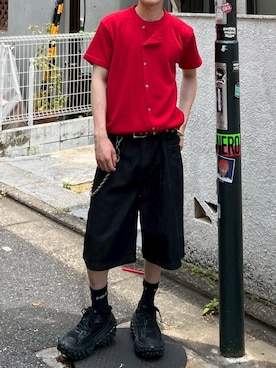 「Chikashitsu +（チカシツプラス）の【Chikashitsu +】sleek layered button half sleeve tee (4color) / 【チカシツプラス】スリークレイヤードボタン半袖カーディガンシャツ＜着用動画あり＞（Tシャツ/カットソー、レッド系）」を使った、Never mind the XU / Chikashitsu+さん（レディース・150cm）の夏コーディネート