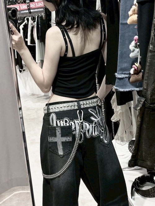 ★完売品★ウエストロゴワイドデニムパンツ デニム ワイドパンツ ウエストゴム[品番：JRKW0005119]｜shoppinggo