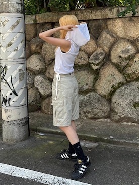 「Chikashitsu +（チカシツプラス）のアイテム（Tシャツ/カットソー）」を使った、Never mind the XU / Chikashitsu+さん（レディース・168cm）の夏コーディネート