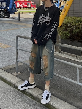 「Chikashitsu +（チカシツプラス）のアイテム（Tシャツ/カットソー）」を使った、Never mind the XU / Chikashitsu+さん（メンズ・174cm）の秋コーディネート