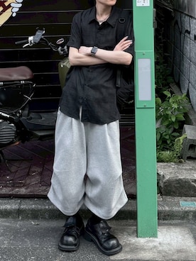 「Chikashitsu +（チカシツプラス）の【Chikashitsu +】carrot check half sleeve shirt (2color) / 【チカシツプラス】オーバーサイズキャロットチェック半袖シャツ（シャツ/ブラウス、ブラック系）」を使った、Never mind the XU / Chikashitsu+さん（レディース・150cm）の夏コーディネート