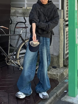 「NOMANUAL（NOMANUAL）のアイテム（帽子）」を使った、Never mind the XU / Chikashitsu+さん（メンズ・170cm）の秋コーディネート