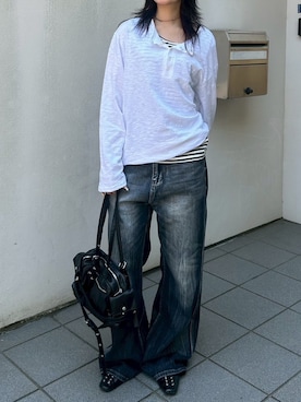 「Chikashitsu +（チカシツプラス）の【Chikashitsu +】washed slim denim pants / 【チカシツプラス】ウォッシュスリムデニムパンツ＜着用動画あり＞（デニムパンツ、ブルー系）」を使った、Never mind the XU / Chikashitsu+さん（メンズ・170cm）の夏コーディネート