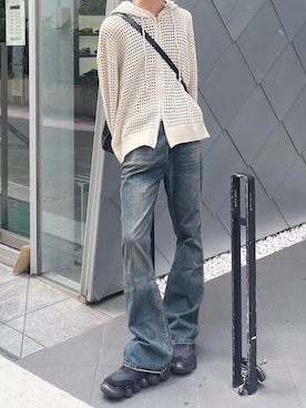 「Chikashitsu +（チカシツプラス）のアイテム（バッグ）」を使った、Never mind the XU / Chikashitsu+さん（メンズ・180cm）の夏コーディネート