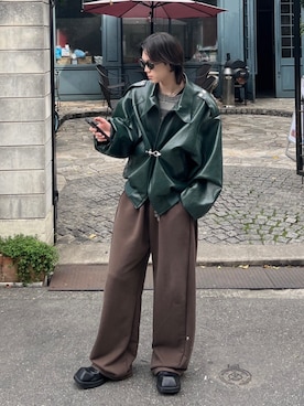 「Chikashitsu +（チカシツプラス）のアイテム（スウェットパンツ）」を使った、Never mind the XU / Chikashitsu+さん（メンズ・174cm）の春コーディネート