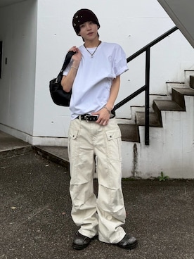 「Chikashitsu +（チカシツプラス）の【Chikashitsu +】vertical script crop t-shirt (3color) / 【チカシツプラス】スクリプトレタリングクロップド半袖Tシャツ（Tシャツ/カットソー、ホワイト系）」を使った、Never mind the XU / Chikashitsu+さん（メンズ・171cm）の夏コーディネート