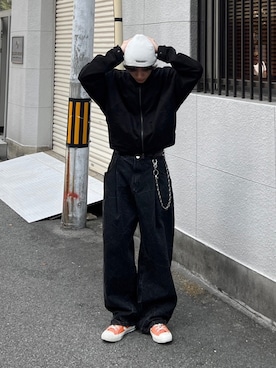 「NOMANUAL（NOMANUAL）のアイテム（帽子）」を使った、Never mind the XU / Chikashitsu+さん（メンズ・174cm）の秋コーディネート