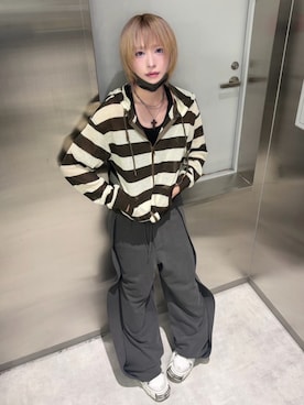 「Cest Nous（セヌー）の【Cest Nous】Striped Beaded Hoodie / 【セヌー】ボーダーシースルージップパーカー（パーカー、ブラウン系）」を使った、Never mind the XU / Chikashitsu+さん（メンズ・170cm）の夏コーディネート