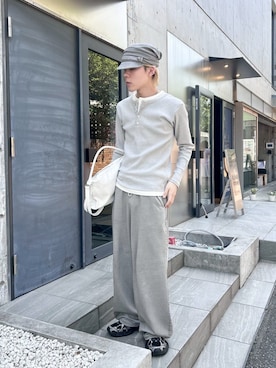 「Never mind the XU / Chikashitsu+（ネバーマインド ザ エックスユー / チカシツプラス）の【nmtc+】layered henry neck long sleeve / 【エヌエムティーシープラス】レイヤードヘンリーネック長袖Ｔシャツ（Tシャツ/カットソー、グレー系）」を使った、Never mind the XU / Chikashitsu+さん（レディース・157cm）の春コーディネート