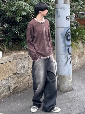 「Chikashitsu +（チカシツプラス）のアイテム（ニット/セーター）」を使った、Never mind the XU / Chikashitsu+さん（メンズ・181cm）の春コーディネート