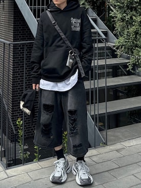 「NOMANUAL（NOMANUAL）のアイテム（帽子）」を使った、Never mind the XU / Chikashitsu+さん（メンズ・170cm）の夏コーディネート