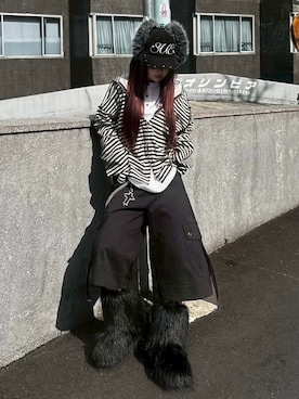 「Never mind the XU（ネバーマインドザエックスユー）の【Never mind the XU】spray cross zip up hoodie / 【ネバーマインド ザ エックスユー】スプレークロスジップパーカー（パーカー、ブラック系）」を使った、Never mind the XU / Chikashitsu+さん（メンズ・167cm）の春コーディネート