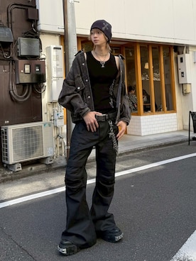 「Never mind the XU（ネバーマインドザエックスユー）の【Never mind the XU】Rivet eyelet biker belt / 【ネバーマインド ザ エックスユー】リベットアイレットバイカーベルト（ベルト、ブラック系）」を使った、Never mind the XU / Chikashitsu+さん（メンズ・167cm）の春コーディネート