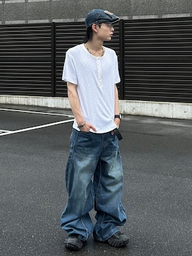 「Chikashitsu +（チカシツプラス）のアイテム（Tシャツ/カットソー）」を使った、Never mind the XU / Chikashitsu+さん（メンズ・177cm）の夏コーディネート