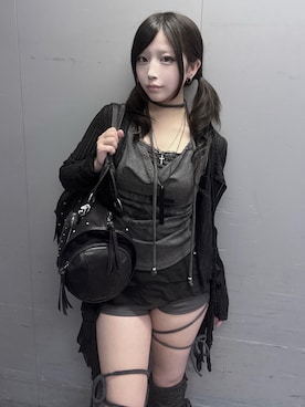 「Never mind the XU / Chikashitsu+（ネバーマインド ザ エックスユー / チカシツプラス）の【Nerd out XU】jujika  / 【ナードアウトエックスユー】クロスチェーンネックレスシルバーネックレス（ネックレス、ブラック系）」を使った、Never mind the XU / Chikashitsu+さん（レディース・150cm）の夏コーディネート