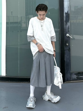 「Never mind the XU / Chikashitsu+(ネバーマインド ザ エックスユー / チカシツプラス)の【nmtc+】stripe slacks shorts (2color) / 【エヌエムティーシープラス】ストライプスラックスハーフパンツ(スラックス)」を使った、Never mind the XU / Chikashitsu+さん(メンズ・158cm)の夏コーディネート
